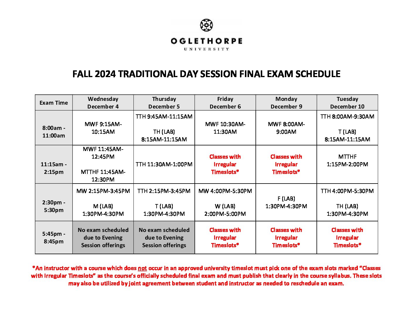 Oneonta Final Exam Schedule Fall 2025