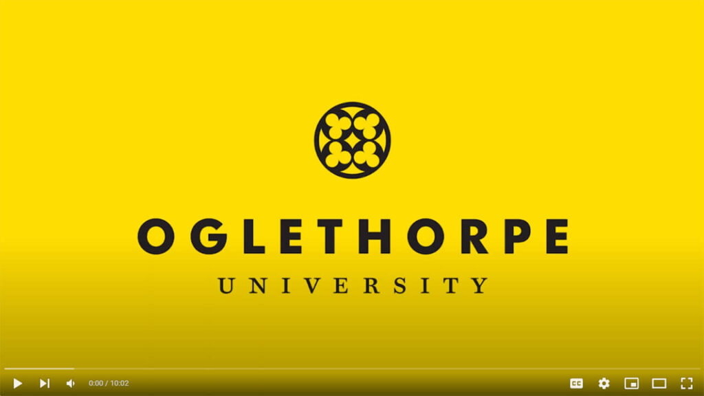 Yellow and black Oglethorpe logo on a video player for the FAFSA 2024 information video.